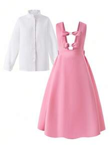 Teenage Girls' Elegant Light Pink Shirt Dress Set,Back-To-School Autumn Party Outfit,Cute Collared Shirt,Pleated Chest & Bowknot Waist Casual Dress - Pink - View 4
