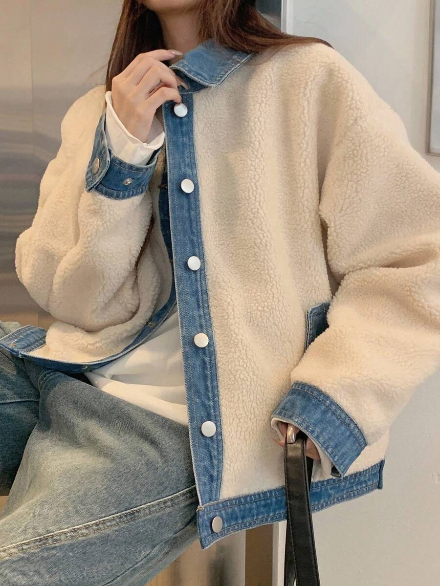 DAZY 秋冬女士休闲牛仔夹克，人造毛皮拼接