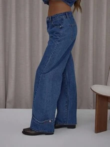 MUSERA Gerade geschnittene Jeans mit Bunddetail, Koordinationsunterteil, elegant, süß, sexy, Streetwear, Herbst, Frühling, Sommer, Abendausgang - Mittele Waschung - Übersicht 3