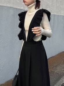 FRIFUL 女式荷叶边盖袖V领褶皱宽松直筒连体裤秋冬款 - 黑色 - 查看 7