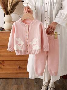 SHEIN Infant/Toddler Girls Rabbit Bow Pattern Long Sleeve Top And Pants Sweater Set Fall Winter - Baby Pink - View 3