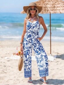 Sylviya Set composto da maglietta casual solida con nodo al davanti e tuta con spalline sottili a stampa floreale per donne - Multicolore - Visualizzare 4