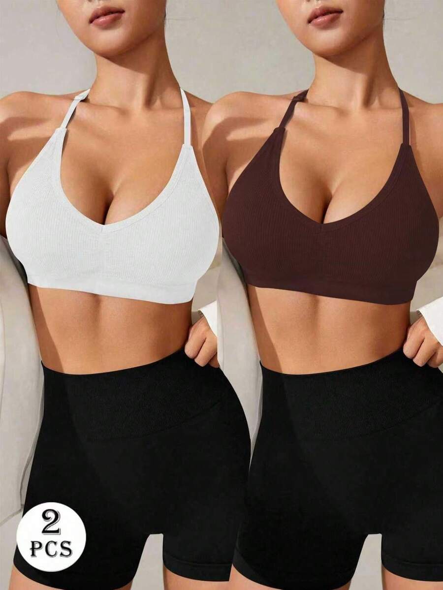 SHEIN Velisys Women's Seamless Black Sports Bra Yoga Bra Top Gym Tops Crop Workout Bra Tops Gym Tops Halter V Neck Sports Bra - Multicolor - View 1