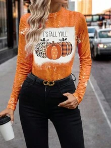 SHEIN Clasi Orange Pumpkin Print Turtleneck Long Sleeve Fitted Women T-Shirt, Suitable For Autumn/Winter - Orange - View 5