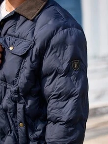 EASEVO 大码男士休闲夹棉大衣，带胸袋和纽扣，秋季，秋冬 - 黑色 - 查看 6