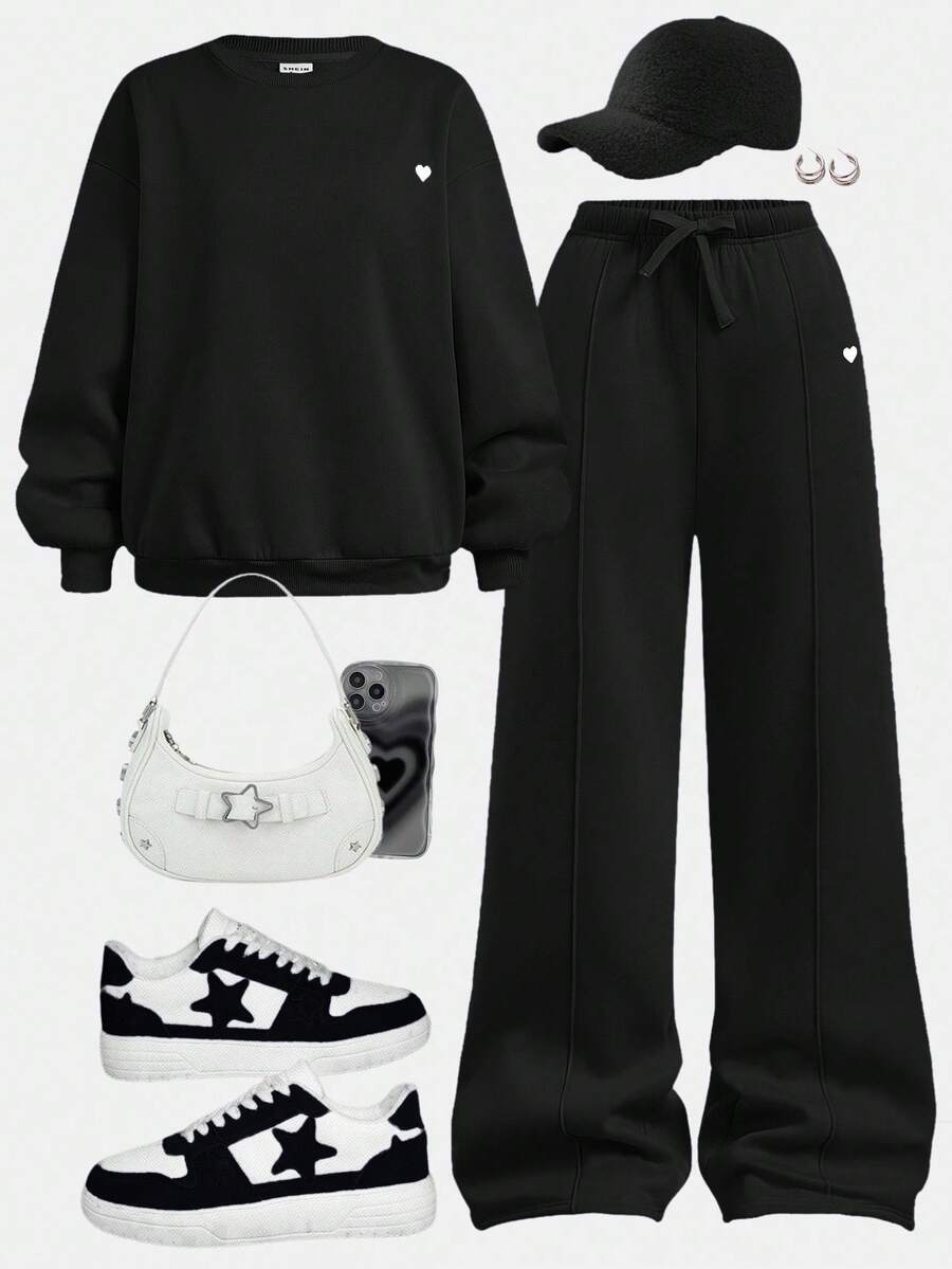 SHEIN Girlism 少女休闲/校园、返校、运动/圆领/刺绣/猪鼻扣/松紧下摆/连帽衫/运动裤/两件套/波西米亚风/街头服饰~套头衫~运动服~舒适 - 黑色 - 查看 1