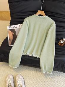 SHEIN Franclia Women's Autumn French Romantic Contrast Color Ruffle Trim Cardigan, Suitable For Commuting