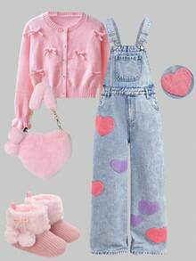 SHEIN Tween Girls Y2K 浅色水洗高腰心形刺绣口袋可爱阔腿牛仔裤休闲宽松牛仔裤牛仔背带裤无上衣，女童秋冬返校返校节牛仔裤，女童裤子街头服饰复古服装，舒适百搭，适合 8-12 岁女孩，适合上学、居家和旅行，刺绣牛仔连体裤 - 淺色水洗藍 - 查看 1