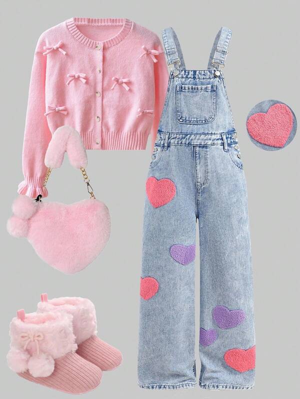 SHEIN Girlism Tween Girls Y2K Light Washed High Waist Heart Embroidered Pocketed Cute Wide Leg Jeans Casual Baggy Jeans Denim Overalls Jumpsuit Without Top, Girls Fall Winter Back To School Homecoming Jeans,Girls Pants Streetwear Vintage Outfits,Comfortable And Versatile, For 8-12 Years Old Girls, Suitable For School, Home And Travel,EMBROIDERY JEANS JUMPSUITS