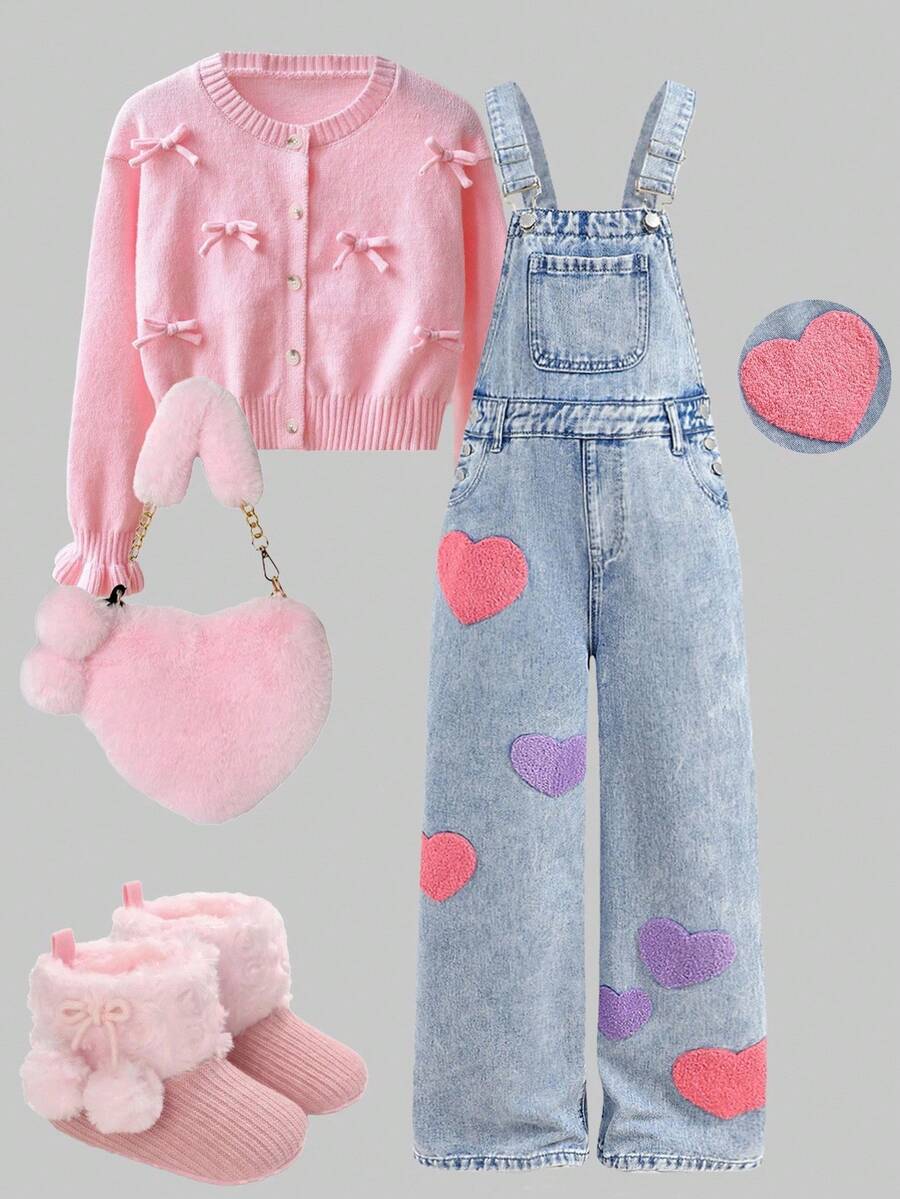 SHEIN Tween Girls Y2K 浅色水洗高腰心形刺绣口袋可爱阔腿牛仔裤休闲宽松牛仔裤牛仔背带裤无上衣,女童秋冬返校返校节牛仔裤,女童裤子街头服饰复古服装,舒适百搭,适合 8-12 岁女孩,适合上学、居家和旅行,刺绣牛仔连体裤 - 淺色水洗藍 - 查看 1