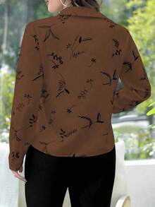 EMERY ROSE Plus Size Women Fall Casual Beige Printed Long Sleeve Shirt - Coffee Brown - View 2