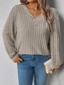 大码女式V领宽松罗纹卫衣，适合休闲户外穿着，秋冬套头衫 - 黃色 - 查看 3