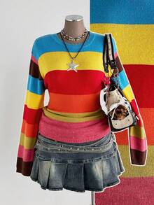 Sunspun 多巴胺彩虹撞色圆领长袖毛衣，秋冬百搭 - 彩色 - 查看 1