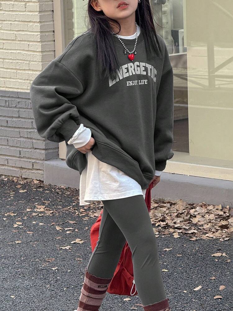 2pcs Tween Girls Crew Neck Fleece Printed Sweatshirt And Leggings Set, Fall