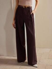 Anewsta 女士现代简约通勤美亚德棕色条纹直筒阔腿裤，适合圣诞节和新年 - 咖啡棕 - 查看 4