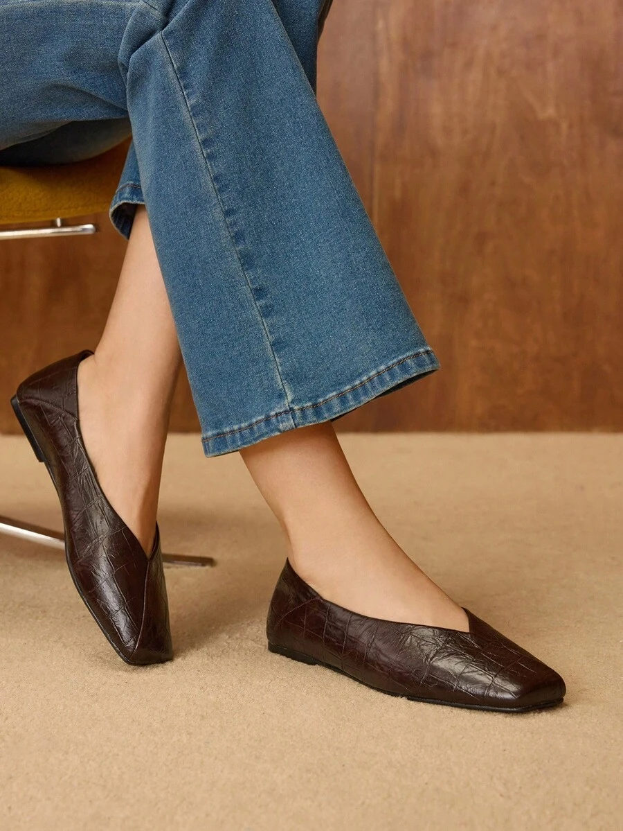 MOTF 女士法式复古纹理PU皮革石纹方头平底鞋，棕色百搭单踏板防滑简约休闲优雅高贵玛丽珍鞋