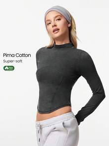 GLOWMODE 复古水洗比马棉齐腰长袖上衣，带拇指孔，适合健身房、工作室、徒步、运动、日常休闲装 - 深灰色 - 查看 1