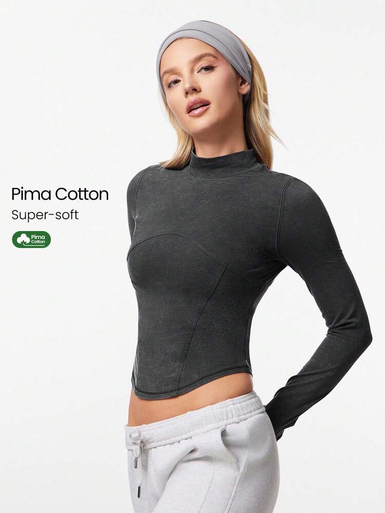 Top de manga larga hasta la cintura de algodón pima lavado vintage con ojales para el pulgar, para gimnasio, estudio, senderismo, uso diario y casual