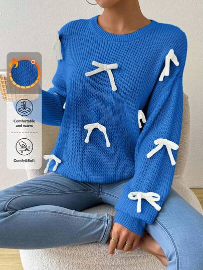 EURMUSE Pulover casual pentru femei cu decor cu fundiță, guler rotund, umeri căzuți și mâneci lungi, pulover crem, pulovere, pulover negru, pulover pentru femei, pulover alb, pulover pentru femei, pulovere pentru femei, haine de iarnă