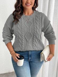 EURMUSE Plus Size Casual Solid Color Drop Shoulder Sweater, Autumn/Winter - Light Grey - View 4