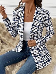 SHEIN Clasi Women's Elegant Plaid Blazer Jacket, Versatile Daily Wear Long Sleeve Blazer, Classic Checkered Jacket For Commuting, Autumn Women Blazers Women Blazers Plaid Blazer Women Houndstooth Blazer Office Blazer Women Plaid Fall Clothes For Women Check Going Out Outfit Business Casual Outfits Women Business Professional Women,Cozy Fall And Winter Clothes For Women