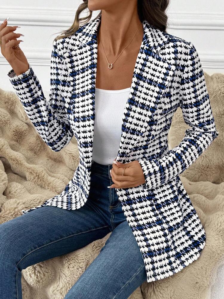 SHEIN Clasi Blazer elegante a quadri da donna, blazer casual versatile a maniche lunghe, giacca classica a quadri per pendolarismo, blazer a quadri autunnali da donna, blazer a quadri da donna, blazer a pied-de-poule da donna, blazer da ufficio da donna, blazer a quadri autunnali da donna, blazer casual da donna, blazer da donna per l'ufficio, blazer comodi per l'autunno e l'inverno da donna - Blu e Bianco - Visualizzare 4
