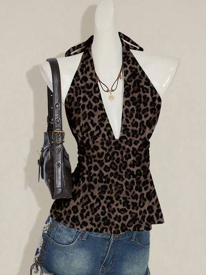 Attitoon Vintage Leopard Print Backless Halter Neck Ruched A-Line Camisole, Chic,Cheetah Print Top,Leopard Print Top