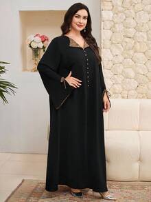 Al Najma 大码女式豹纹拼布长袖纽扣设计阿拉伯连衣裙，端庄的长袍 - 黑色 - 查看 5