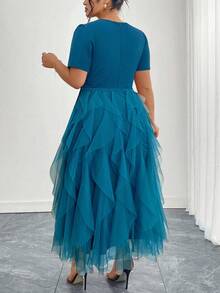 Ellevyn 大码女式纯色短款泡泡纽扣设计拼布荷叶边下摆网眼下摆优雅连衣裙 - 水鴨藍 - 查看 2