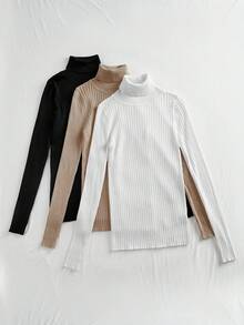 SHEIN Tall 秋冬休闲时尚百搭纯色高领长袖女式毛衣 - 彩色 - 查看 12