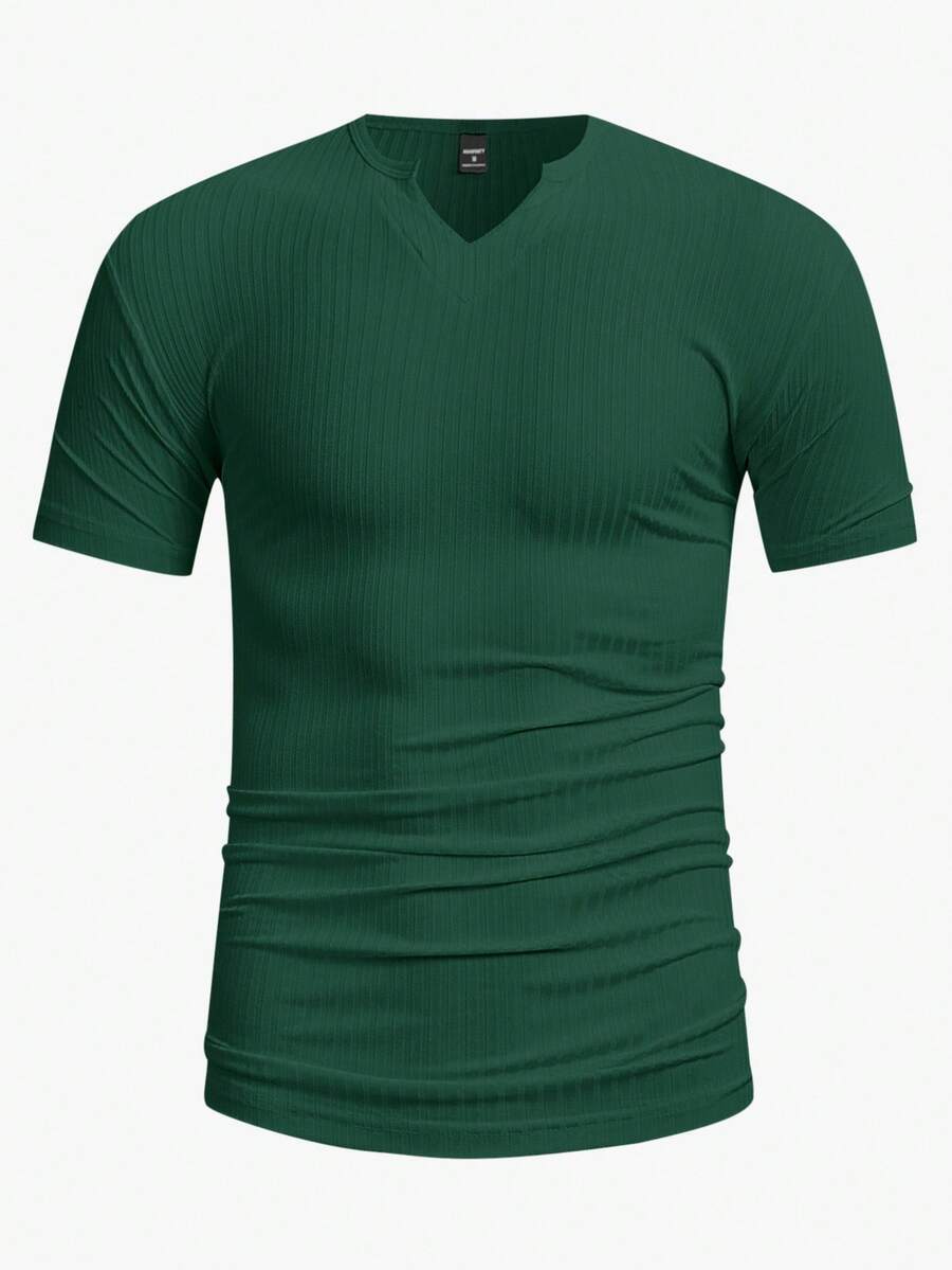 Manfinity Homme Men'S Ribbed Short Sleeve T-Shirt With Notched Neck - Green - View 1