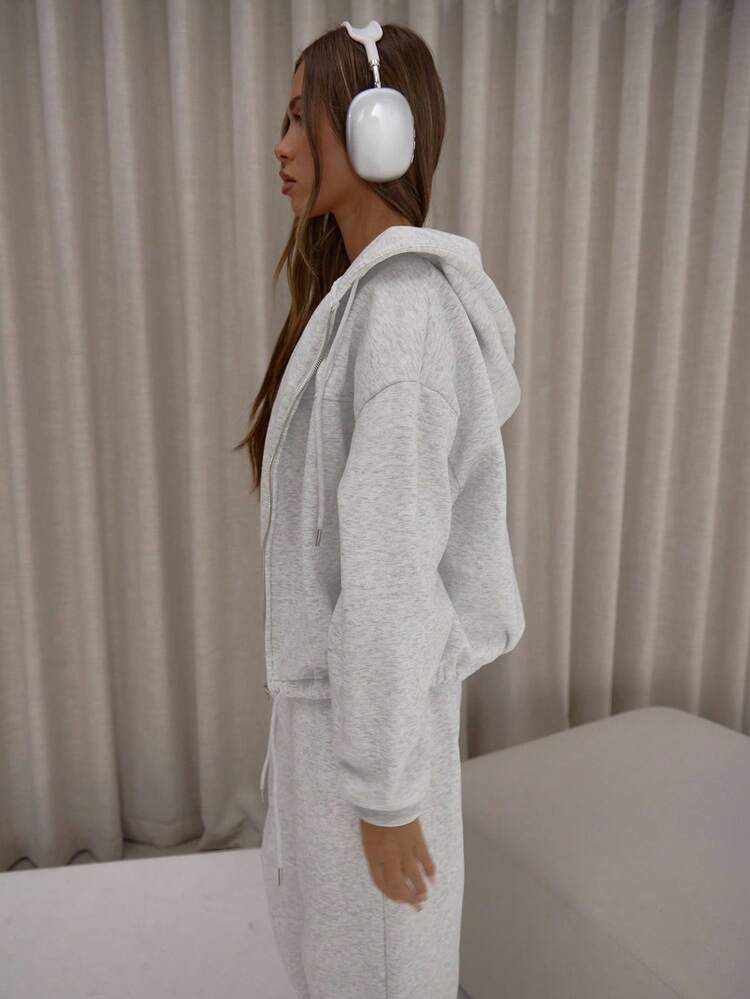 MUSERA Oversized Zip Up Drawstring Hem Hooded Sweatshirt Top Only Classy Cute Sexy Streetwear Night Out Vacation Casual - Light Grey - View 4