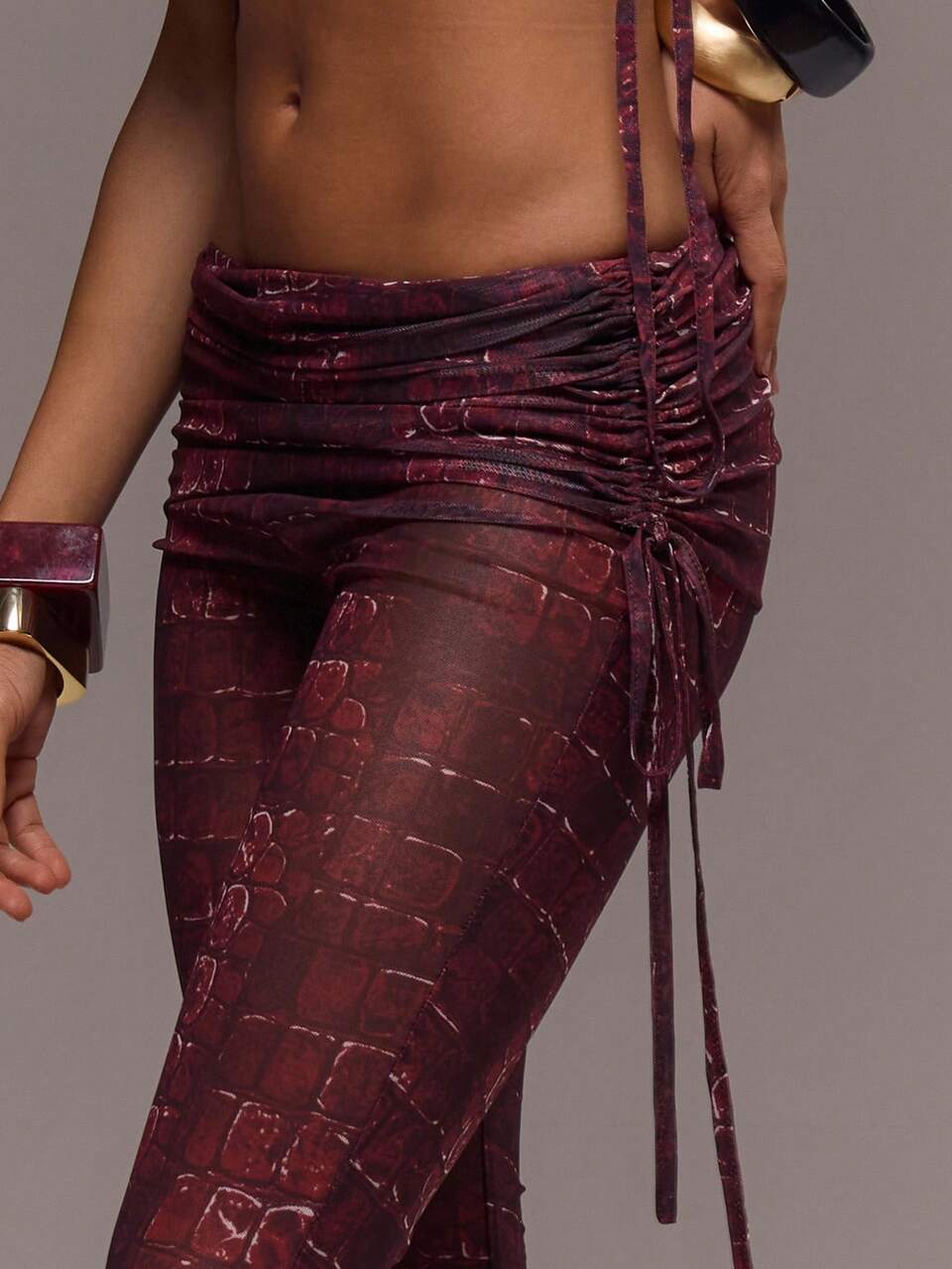 Red Snake Print Mesh Asymmetric Fold Over Waist Ruched Layer Fitted Flare Trousers