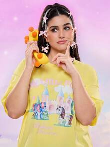 My Little Pony X SHEIN Áo thun tay ngắn in hình ngựa con dễ thương cỡ lớn, thường ngày mùa hè - Màu vàng - Xem 5