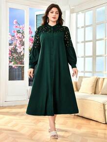 SHEIN Lacomfia فستان نسائي مقاس كبير على الطراز العربي، طوق مندرين وأكمام طويلة، تطريز بالدانتيل والرقعة، فضفاض ومريح، ملابس يومية أنيقة