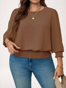 SHEIN LUNE Bluzka w dużym rozmiarze, swobodna, w jednolitym kolorze, z bufiastymi rękawami, na Nowy Rok, Święta/Jesień/Zima - Czekoladowy brązowy - Zobacz 4