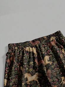 ROMWE Fairycore 女士优雅哥特式、中世纪、自然风、复古花卉、蘑菇印花长裤，适合秋冬季 - 黑色 - 查看 4