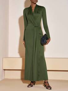 Zivah Vestido maxi de mujer elegante y casual para otoño e invierno 2025 con manga larga, decoración metálica, cuello en V y pliegues, ideal para viajes, ir a trabajar, fiestas, vacaciones, estilo de dinero antiguo, compras, banquetes, elegante, citas, informal - A - Verde - Ver 7
