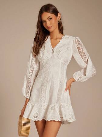 Enchnt Vestido Longo de Manga Comprida com Decote em V Elegante de Cor Sólida para Mulheres