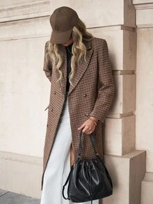 Solivie Women's Plaid Print Double-Breasted Fashionable Wool Coat,In Autumn/Winter,Fall