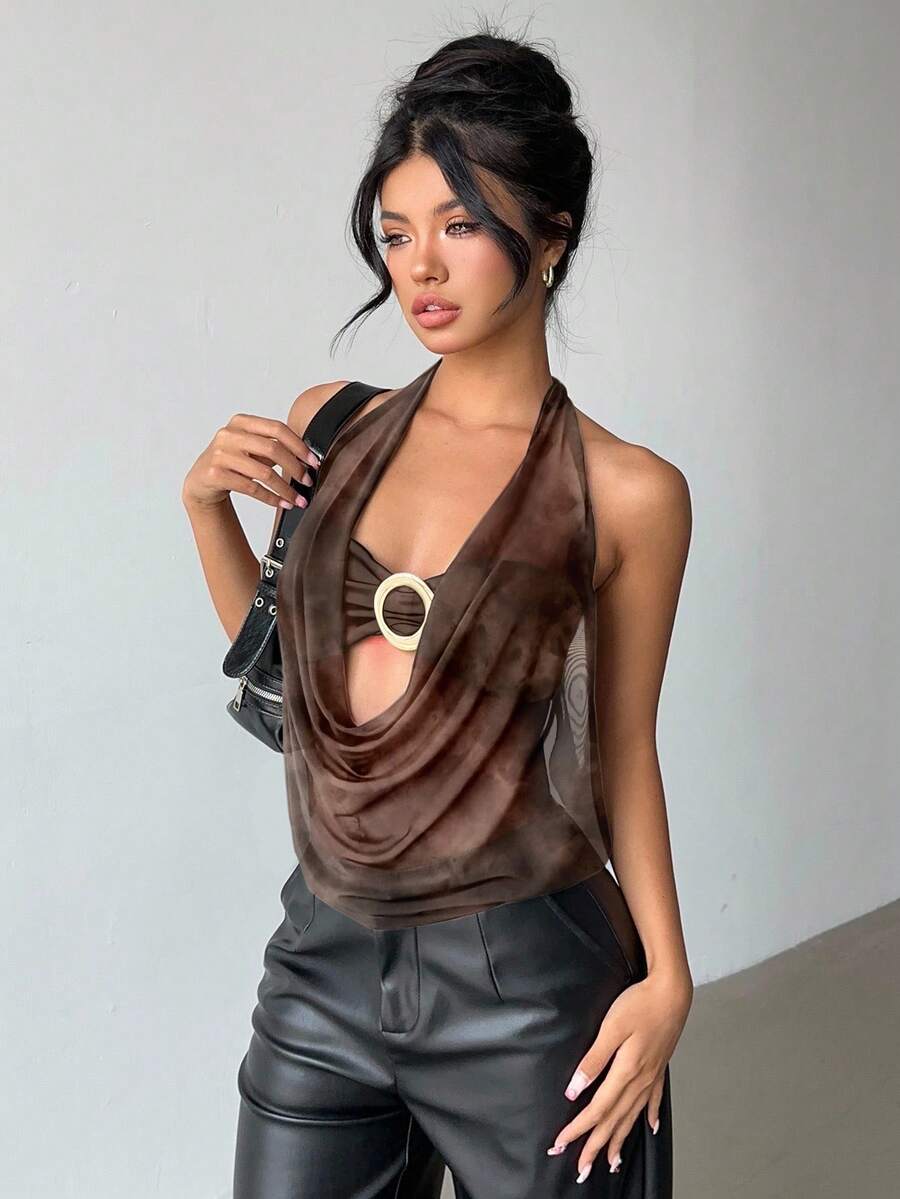Aloruh New Sexy Semi-Sheer Plunging Neck Brown Tie-Dye Tie Dye Full Print Halter Backless Top With Modern Metal Decor, Suitable For Party, Date, Y2K
