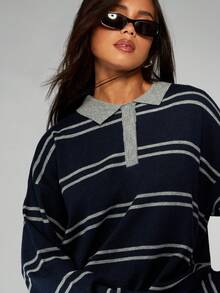 MISSGUIDED 条纹橄榄球针织衫，翻领套头衫，长袖，宽松版型，Y2K风格，适合秋冬季休闲居家穿着，学院风时尚 - 藏蓝色 - 查看 4