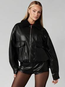 MISSGUIDED 女式仿皮飞行员夹克，羊羔绒领，高腰及臀长度，冬季秋季街头时尚外套 - 黑色 - 查看 6