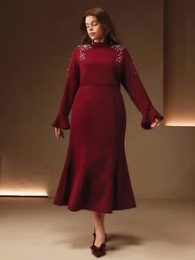 Anewsta Plus Size Women Elegant Party Rhinestone Decor Midi Fishtail Dress - Red - View 6
