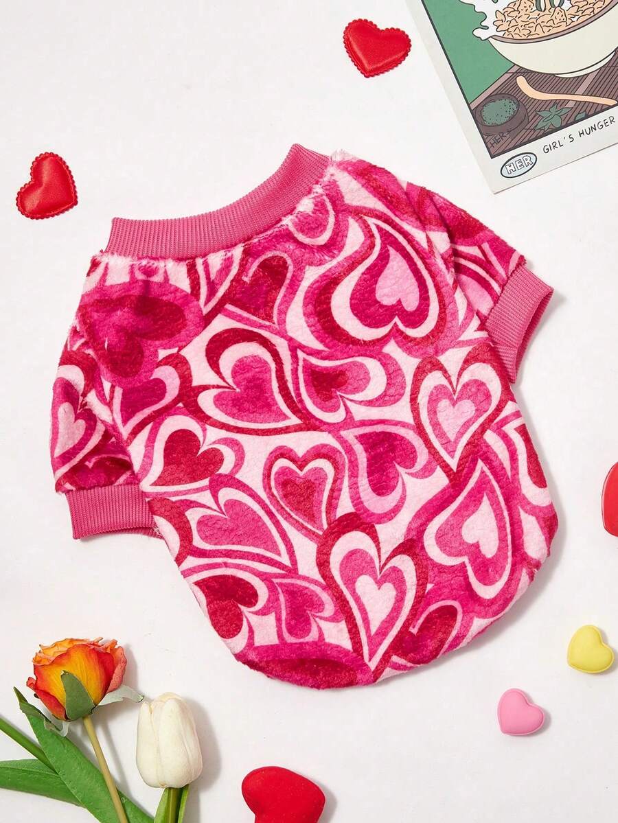 PETSIN 1 件装宠物猫狗通用款爱心印花抓绒保暖圆领衫 - 彩色 - 查看 1