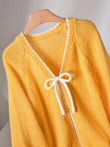 CosyJoli 大码休闲毛衣配领带蝴蝶结撞色装饰开衫女士秋冬装 - 黃色 - 查看 3