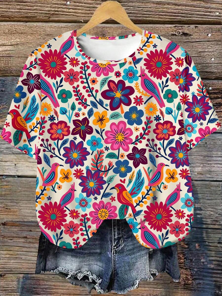 Mellowie Casual Floral Graphic Round Neck Loose Fit Plus Size Short Sleeve T-Shirt, Pullover For Summer Suitable For Going Out
