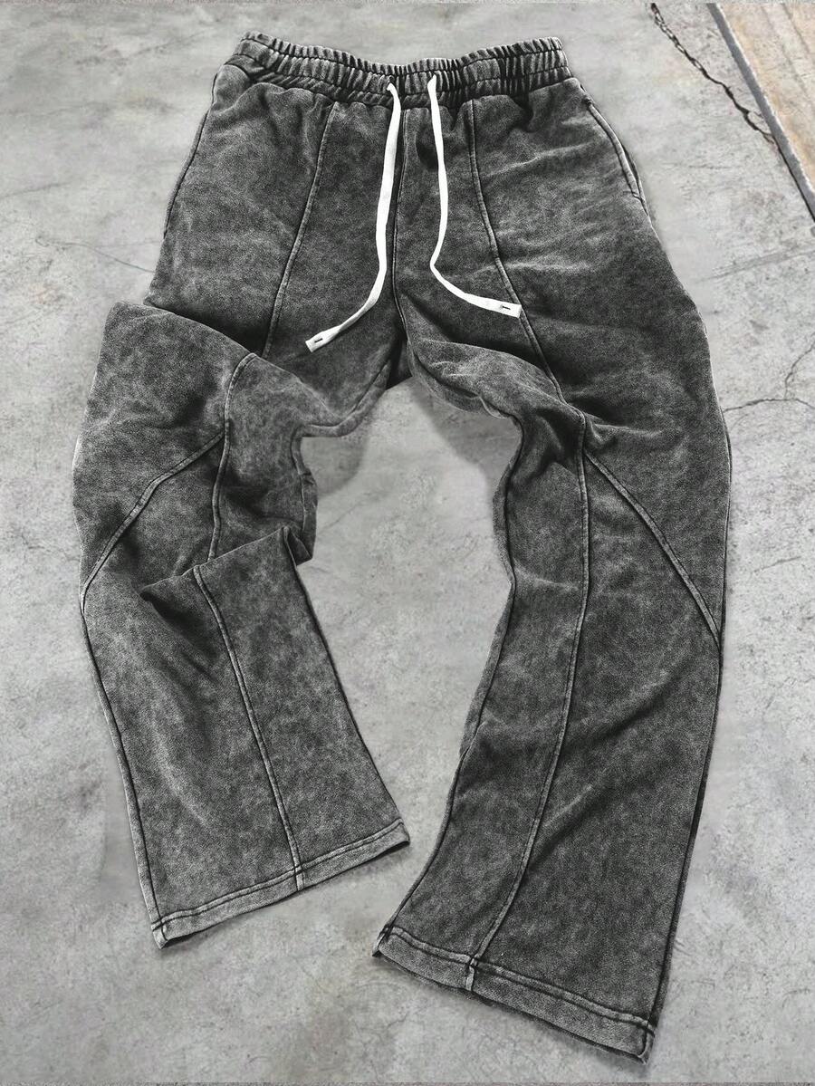 Manfinity EMRG 男士复古图案时尚运动裤黑色水洗牛仔裤宽松做旧牛仔裤灰色宽松牛仔裤男士宽松牛仔裤水洗灰色裤子 - 灰色 - 查看 1