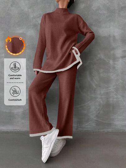 EURMUSE Women's Contrast Color Stand Collar Long Sleeve Side Slit Hem Sweater And Knit Pants Casual 2 Pieces Set,Petite,Winter Clothes