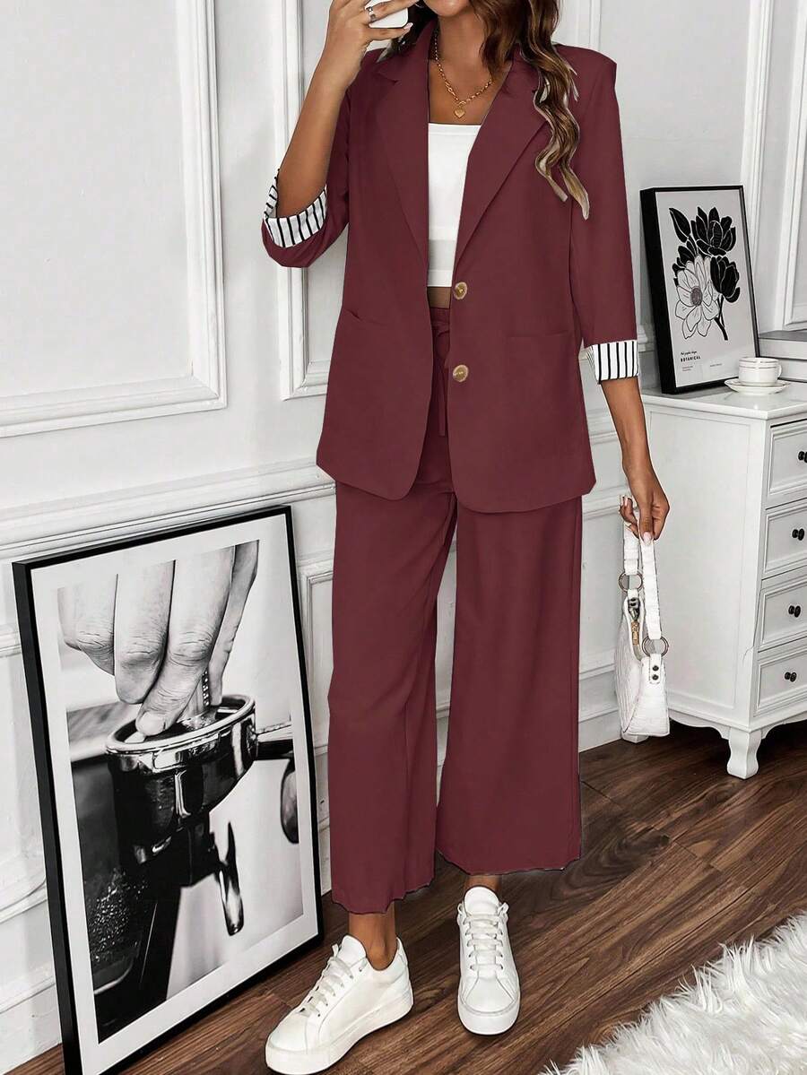 EMERY ROSE Women's Casual Commuter Striped Patchwork 3/4 Sleeve Jacket And Pants Suit Set, Autumn